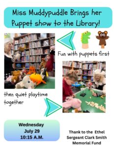 July 29 puppet show for kids flyer