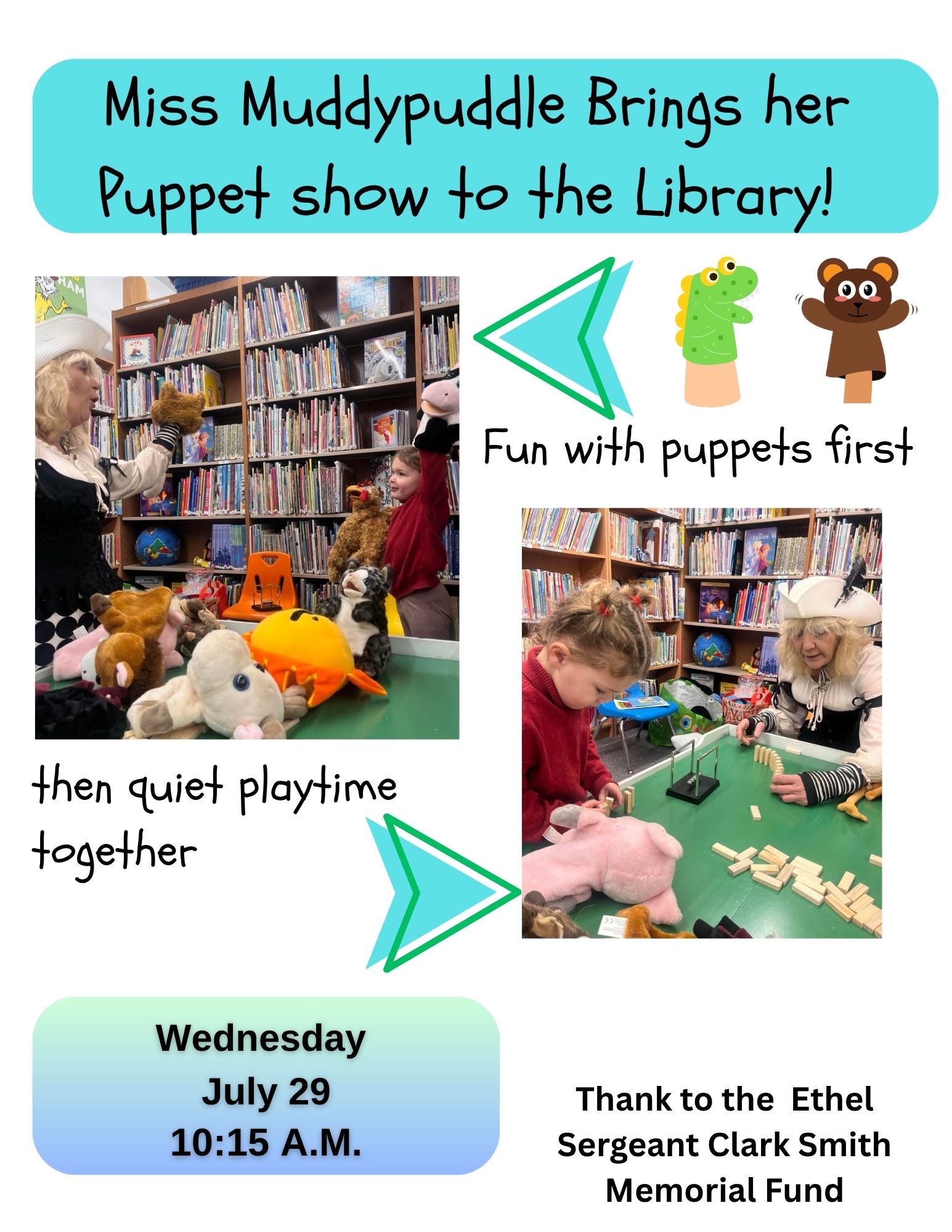 July 29 puppet show for kids flyer